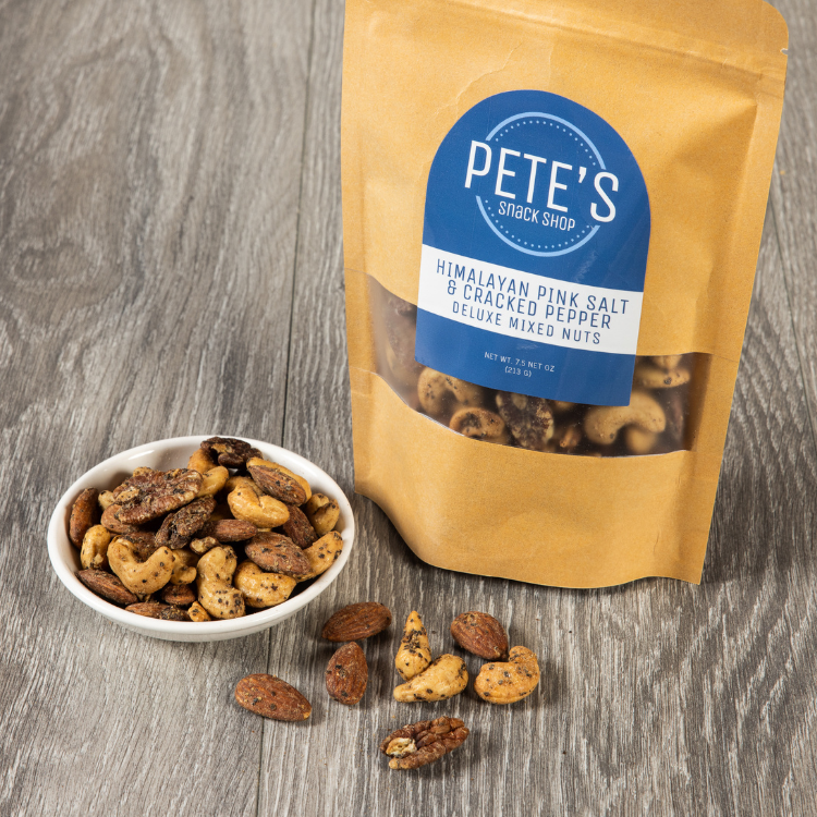 Himalayan Pink Salt and Cracked Pepper Mixed Nuts - Bag and Bowl - Pete's Snack Shop