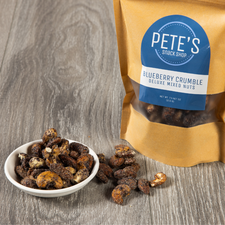 750x750 Blueberry Crumble Mixed Nuts - Bag and Bowl - Pete's Snack Shop