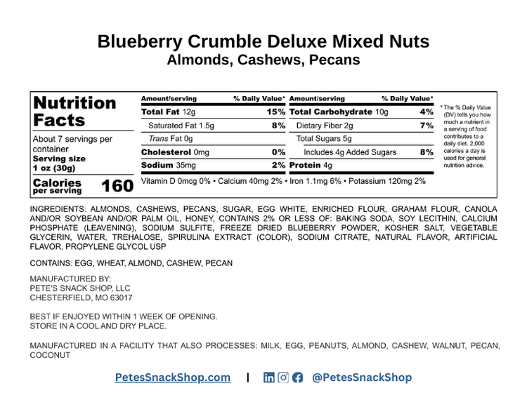 Blueberry Crumble Mixed Nuts - Nutritional Facts - Pete's Snack Shop