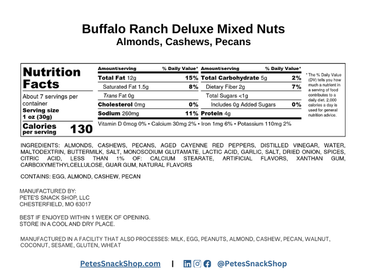 Buffalo Ranch Mixed Nuts - Nutritional Information - Pete's Snack Shop