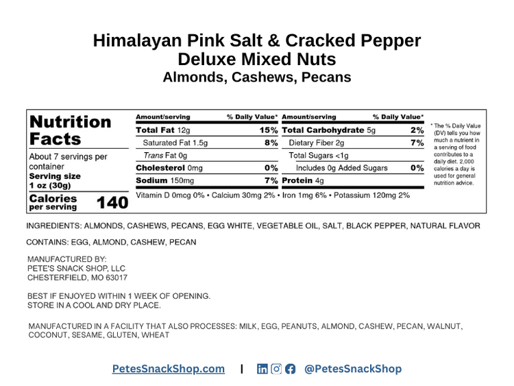 Himalayan Pink Salt and Cracked Pepper Mixed Nuts - Nutritional Facts - Pete's Snack Shop